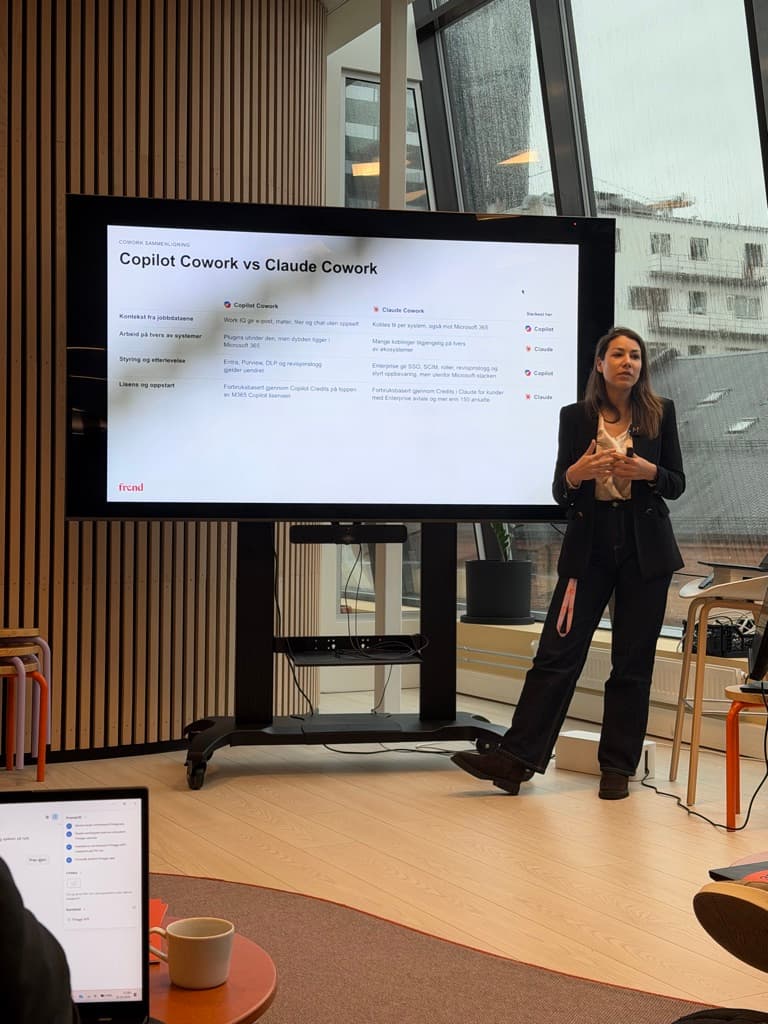 Seminar i Oslo med sammenligning av Copilot Cowork og Claude Cowork.