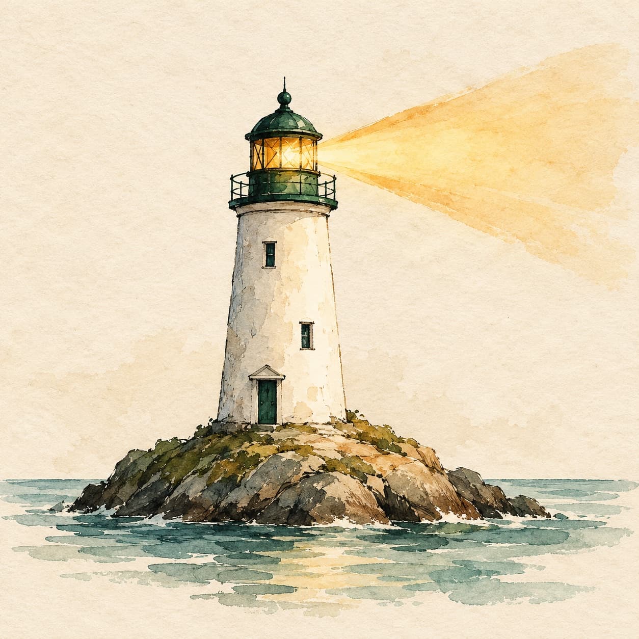 Akvarell av et fyr på en holme som sender et varmt lys ut over havet.